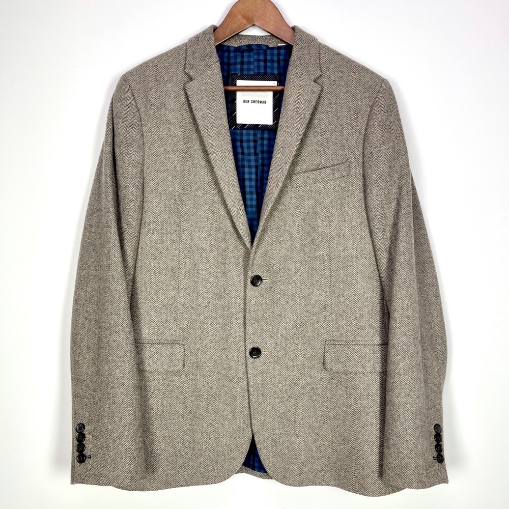 Ben Sherman Brown Herringbone Wool Blend Blazer Suit Jacket Sport Coat Mens XL